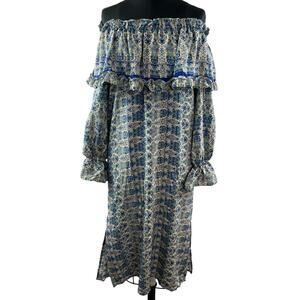 Kristinit Off The Shoulder Silk Dress Balloon Sleeve Flounce Neck Ruffles Sz XS